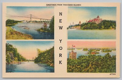 #ad Linen 4 River Views of Thousand Islands New York Vintage Postcard $3.00