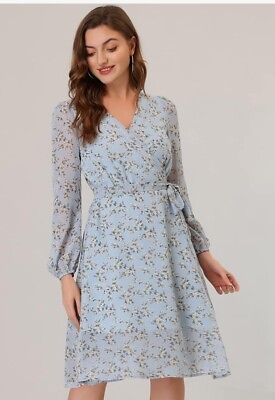 #ad Agnes Orinda M Chiffon Blue Wrap Dress Long Sleeve Midi Tie Slit Floral $29.99