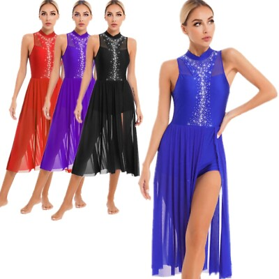 #ad Womens Rhinestone Sleeveless Dance Costumes Back Keyhole Side Split Dance Dress $16.79