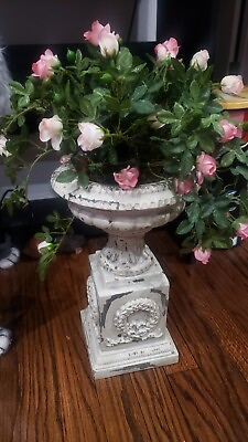 #ad Pre owned Heavy Tall Urn With Pink Artificial Roses Vase $85.00
