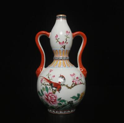 #ad Yongzheng Signed Antique Chinese Famille Rose Gourd Vase W bird $179.99