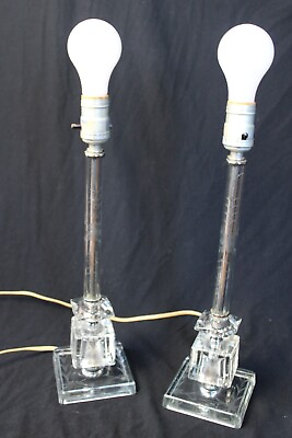 #ad Pair Vintage Glass Crystal Deco Etched 16quot; Lamps Beautiful $49.97