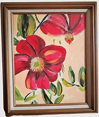 #ad Contemporary Original Painting Red Flower Abstract Gold Framed Art Floral Garden $245.00