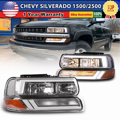 #ad For 1999 2002 Chevy Silverado 00 06 Tahoe LED DRL Bumper Headlights Chrome Clear $150.99