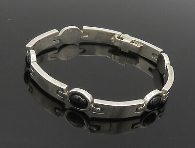 #ad 925 Sterling Silver Vintage Cabochon Cut Black Onyx Chain Bracelet BT7647 $141.22