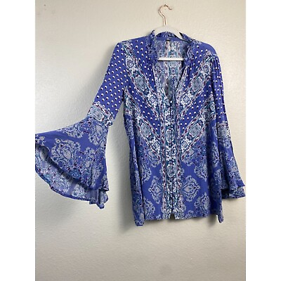 #ad Free People Tunic Top size Small Blue Long Bell Sleeve Ruffle Neck Oversize Boho $39.00