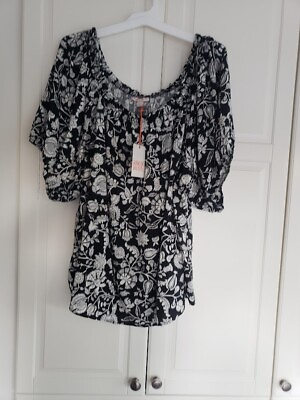 #ad Knox Rose Peasant Blouse Pullover Short Sleeve Black Floral Womens 2X NEW $16.00