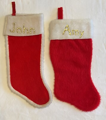 #ad 2 Vintage Red Fuzzy Christmas Stockings White Trim Gold Glitter MCM John amp; Amy $8.90