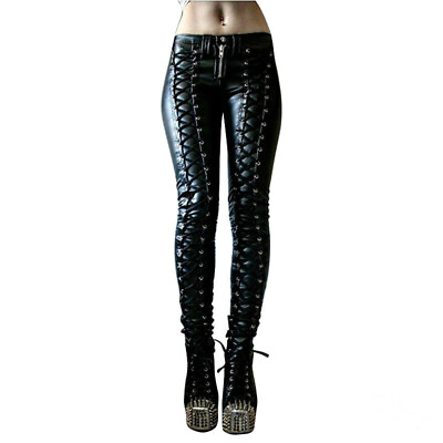 #ad Fashion Ladies Pu Leather Lace Up High Waist Trouser Skinny Casual Pant Clubwear GBP 28.20