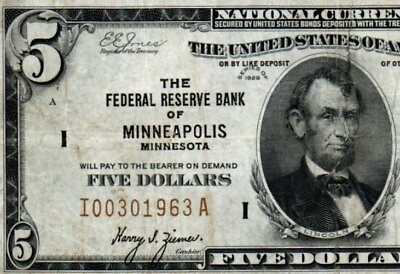 #ad 1929 $5 SCARCE MID GRADE VF Minneapolis Federal Reserve Bank Note $188.99