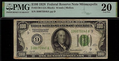 #ad 1928 $100 Federal Reserve Note PMG 20 rare keynote Fr 2150 I Minneapolis 75946 $375.00