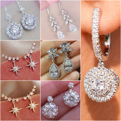 #ad Women 925 SilverGold Drop Earring Cubic Zircon Elegant Party Jewelry A Pair $3.25