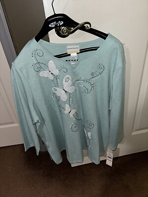 #ad Alfred Dunner Woman 2X New With Tags Green And White Shirt 3 4 Sleeve $17.99