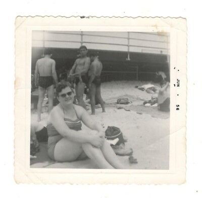 #ad Vintage 1956 Photo Young Woman Swimsuit Muscle Man 1950#x27;s Beach Scene R97 $5.00