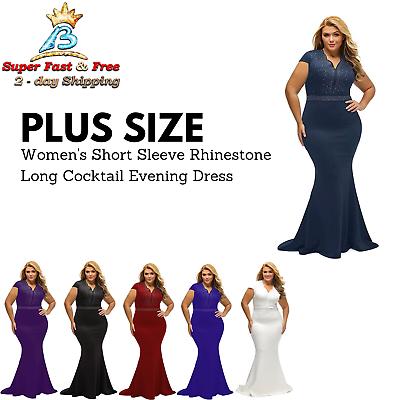 #ad Plus Size Long Cocktail Evening Dress Womens Short Sleeve Formal Long Gown NEW $76.52