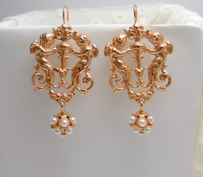 #ad Women#x27;s Hanging Earrings With Angels Golden Gold Pearls Style Baroque Gift Italy $114.11