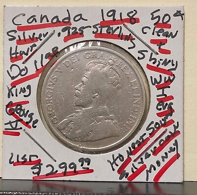 #ad 1918 Canada 50¢ Silver Sterling .925 Fine King George V World War 1 Half Dollar $36.99