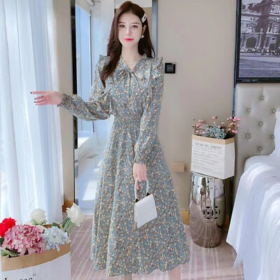 #ad Women French Ruffled Floral Dress Long Sleeve Bowtie Casual Dress for Lady $31.02