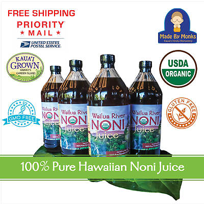 #ad 100% HAWAIIAN WAILUA RIVER NONI JUICE Certified Organic: 4 Glass Bottles 32 oz. $108.00