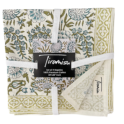 #ad TIRAMISU Spring Floral 100% Cotton 20X20 Cloth Napkins Set of 4 Green Blue NEW $45.00