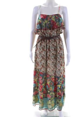 #ad Joie Womens Spaghetti Strap Ruffled Floral Belted Silk Maxi Dress Multi Medium $42.69