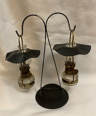 #ad Pair Vintage Mid Century Miniature Hanging Oil Lamps w Stand $35.00