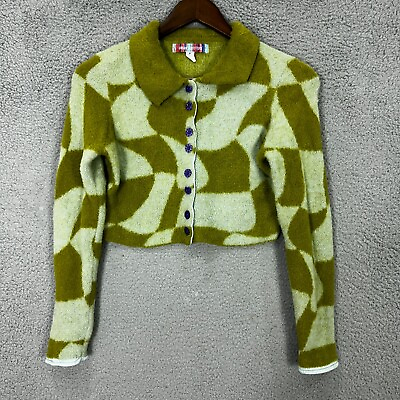#ad Urban Outfitters sweater women small green geometric retro cropped cardigan boho $22.49