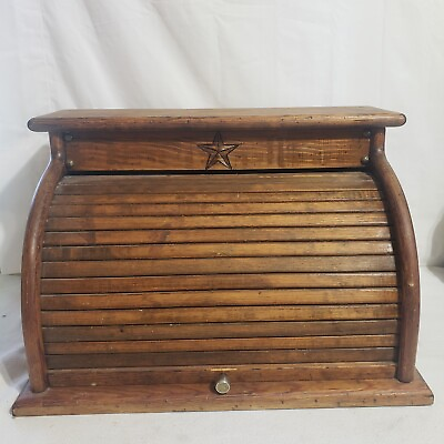 #ad Vintage Rolltop wooden bread box with upper shelf Star motif $79.99