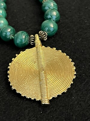 #ad Vintage Gold Plated Medallion Malachite Colored Beaded Neckace $30.00