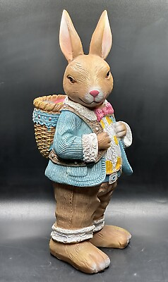 #ad Vintage Bunny Rabbit w Egg Basket Bowtie Spring Easter Decor 12” Tall Resin $24.00