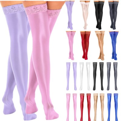 #ad US Women Shiny Thigh High Stockings Lace Sheer Footed Tights Stay Up Pantyhose $4.64
