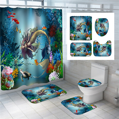 #ad Dolphin Mermaid Waterproof Shower Curtain Bathroom Bath Mat Toilet Cover Pad Set $16.19