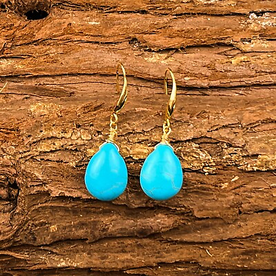 #ad Natural Turquoise Stone Teardrop Dangle Earrings Blue Gemstone Drop Earrings $10.50