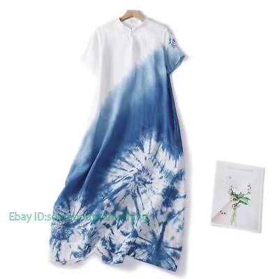 #ad Chinese Ink Painting Dress Summer New Improved Qipao Frog Button Linen Dress $31.34