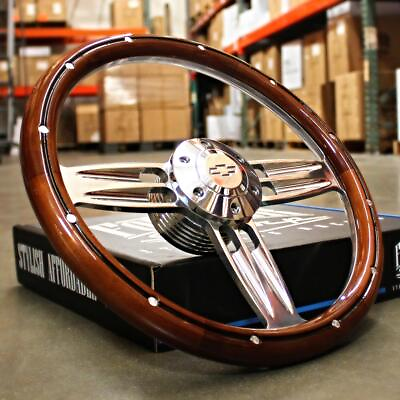 #ad 14quot; Inch Polished amp; Wood Steering Wheel Chevy Bowtie Horn 6 Hole C10 Camaro $188.93