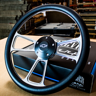 #ad 14quot; Billet Muscle Steering Wheel with Black Vinyl Wrap and Chevy Horn 5 Hole $155.82