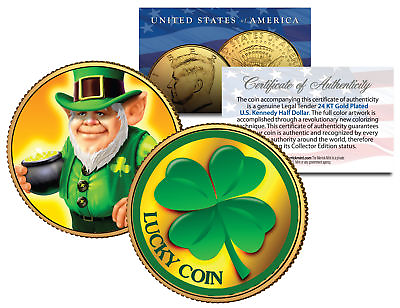 #ad LEPRECHAUN *Four Leaf Clover* JFK Half $ 24K Gold Plated LUCKY COIN St Patrick#x27;s $8.95
