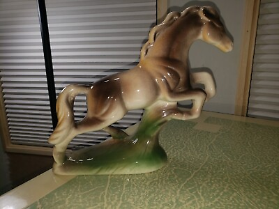 #ad Vintage Horse Jumping Equestrian Figurine Beige amp; Cream Horse Ceramic 9quot; Tall $27.54