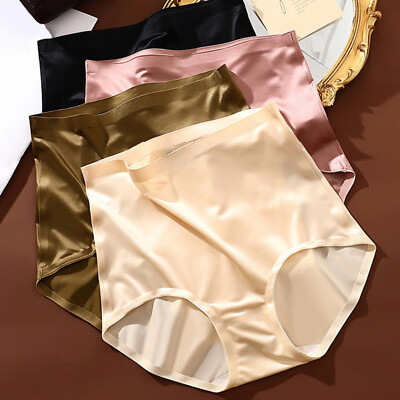 #ad Shiny Satin Silky Knickers Briefs Women High Waist Underwear Panties Seamless $5.39