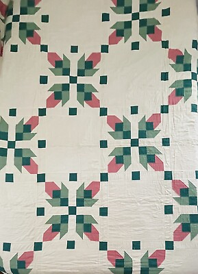 #ad HTF Vintage 40s 50s Diamond Square Pink Green Quilt Hand Stitched Solid 90x74 in $245.00