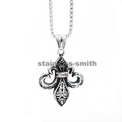 #ad Mens Womens Fashion Stainless Steel Fleur De Lis Pendant Necklace Jewelry Chain $12.99