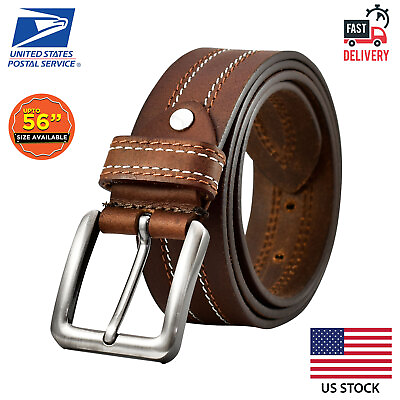 #ad Mens Genuine FULL GRAIN Classic Leather Belt Belts Casual Jean Buckle Brown USA $19.95