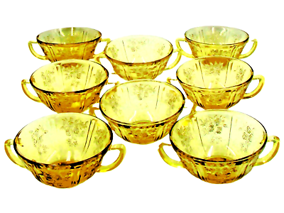 #ad 4 Amber Sharon Cream Soup Bowls Federal Depression Glass 5quot; Cabbage Rose Yellow $37.94