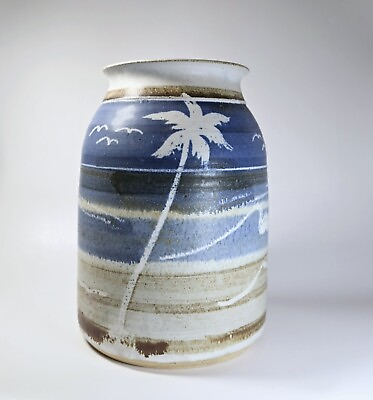 #ad Holley Hill Stokes Art Pottery 9.5quot; Crock Jar Vase Beach Palm Tree Sailboat $57.99
