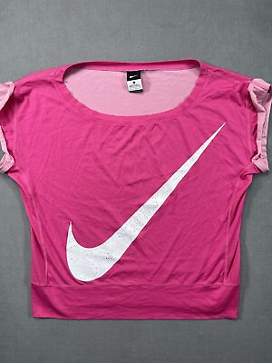 #ad Nike Tee Shirt Women L Large Pink White Swoosh Logo Boxy Top Short Sleeve Ladies $13.99