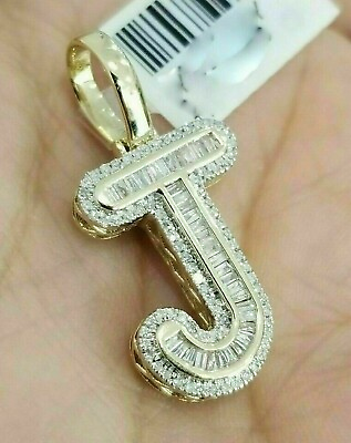 #ad 14K Yellow Gold Over Baguette Diamonds Initial Alphabet Letter J Pendant Charm $48.00