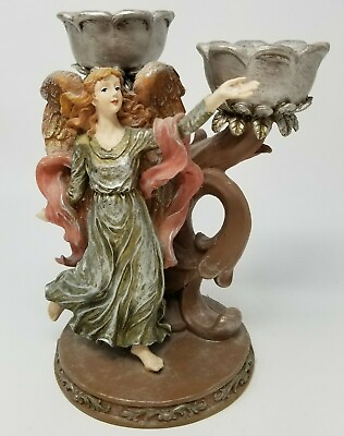 #ad Candle Holder Angel Double Posing Open Handed Winged Gold Vintage Imperfect $19.95