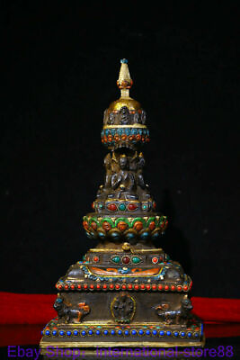 #ad 12quot; Old Tibetan Bronze Painting Gems Shakyamuni Buddha Stupa Pagoda Tower $583.80