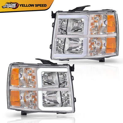 #ad Fit For 2007 2013 Chevy Silverado LED DRL Tube Headlights Chrome Amber $96.80