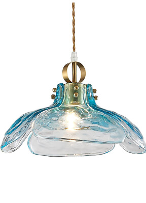 #ad Blue Pendant Light Fixture Vintage Hanging Retro Chandelier Kitchen Gold Glass $50.00